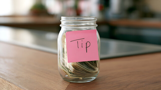 Glass Jar with Handwritten "Tip" Sign Full of Bills, Symbolizing Service Appreciation & Extra Income in a Casual Cafe Setting