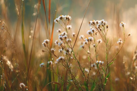 Close-up of horseweed plant in a grassy prairie under soft morning light