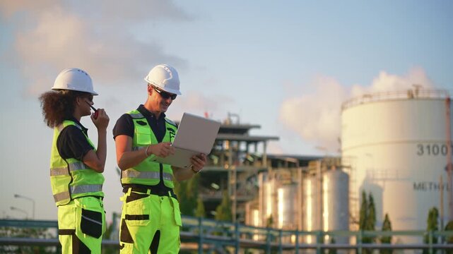 Petrochemical engineers inspecting industrial equipment and refinery operations at an oil and gas processing plant. Technical inspectors reviewing operations at a petrochemical refinery.