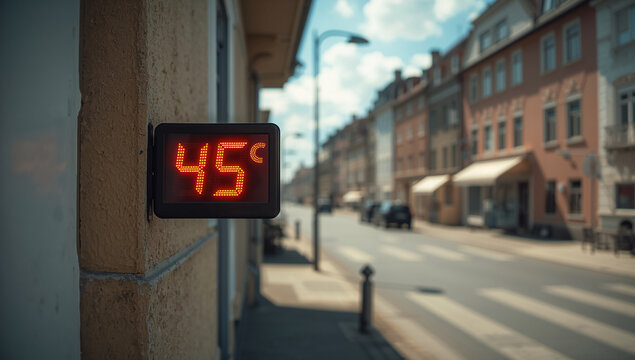 A street thermometer in an empty city, abnormal heat