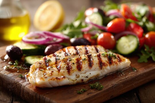 Horizontal shot of tilapia steak with vibrant vegetables for a healthy seafood meal