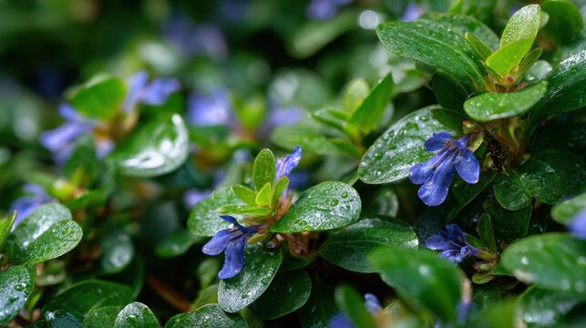 Dew on blue bugleweed in a serene garden patch, close-up of leaves and blossoms with gentle bokeh