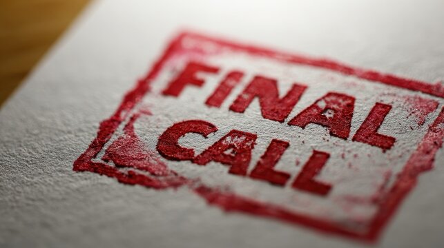Imprinted Final Call stamp on a plain white card with bold red ink