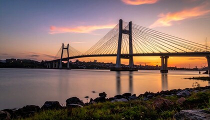 Fototapeta premium A serene sunset scene featuring a large suspension bridge spanning a calm body of water, with rocks and grass in the foreground