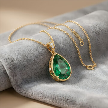 Elegant teardrop emerald green pendant necklace in gold setting on gray velvet with gold plated high end necklace gemstone teardrop accessory precious brilliant