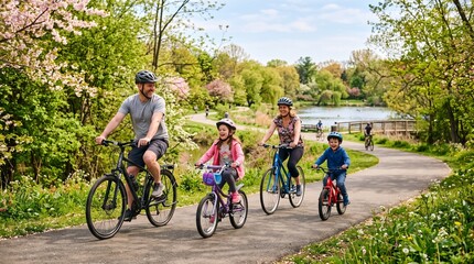 Fototapeta premium Happy family cycling together on a sunny spring day in a park with blooming trees and a lake