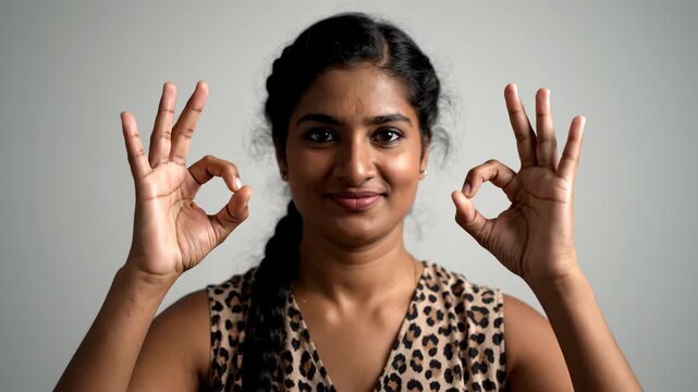 Close-up of a woman making an OK gesture, close-up of a woman making an OK gesture