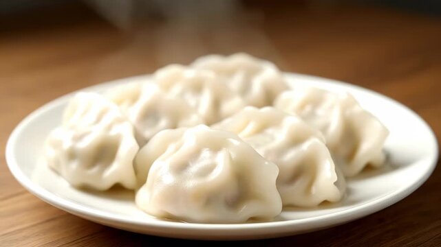Dumplings on a white plate on a wooden table, steaming dumplings