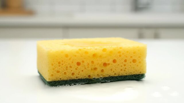 Close-up of kitchen cleaning sponge, sponge absorbent cleaning demonstration