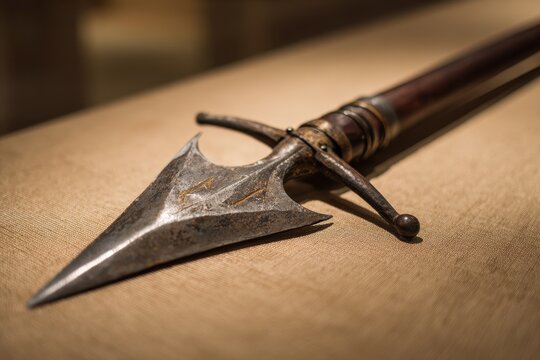 Antique halberd weapon on rustic wooden surface with soft shadows