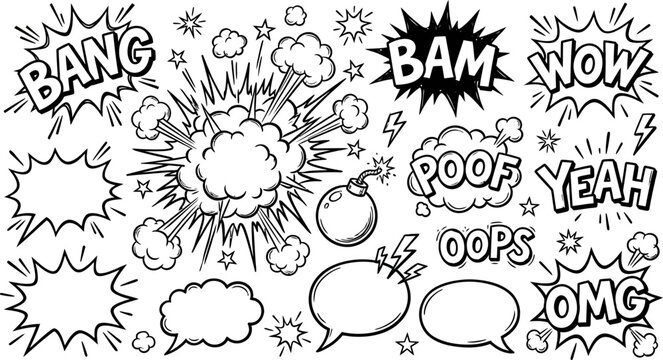 Comic book explosion effects set black and white vector illustration