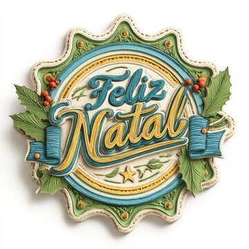 Badge 3D de Natal em relevo com frase FELIZ NATAL e decora&Atilde;&sect;&Atilde;&pound;o festiva