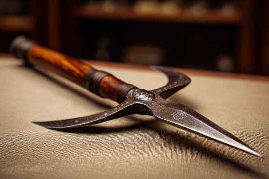 Antique halberd weapon on rustic wooden surface with soft shadows