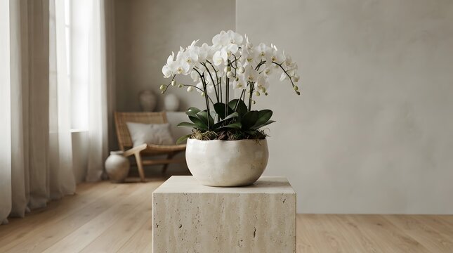 White orchid plant on a stone pedestal indoors