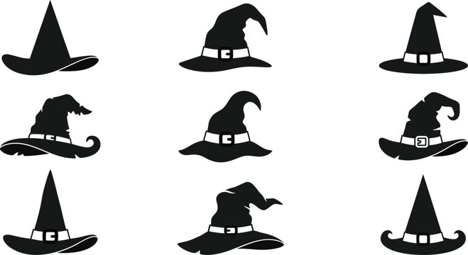 Halloween day witch hats collection black silhouettes for spooky decorations and costumes