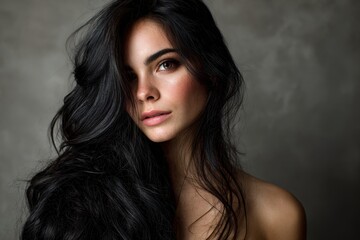 Fototapeta premium Close-up of glossy black hair waves cascading over a shoulder with natural makeup and warm lighting