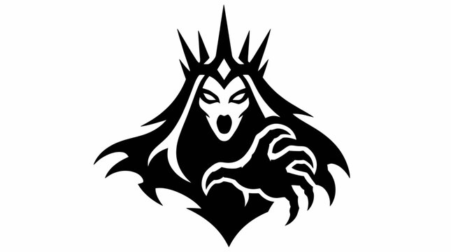 Dark queen witch with crown and claw logo.
