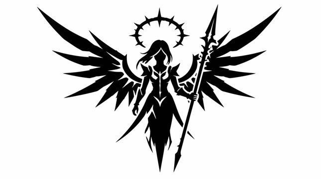 Winged angel warrior silhouette with spear and halo.