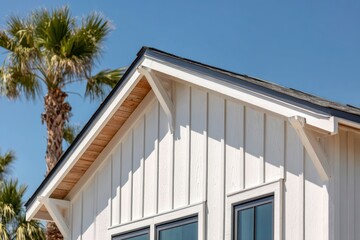 Fototapeta premium Gable-roofed coastal home featuring white board-and-batten siding and contrasting trim