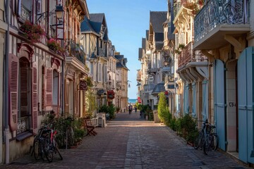 Fototapeta premium Historic townhouses along a quiet street in Deauville center, Normandy, a charming seaside town