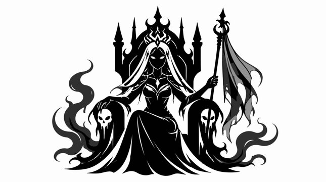 Shadow queen on dark throne with smoke effects.