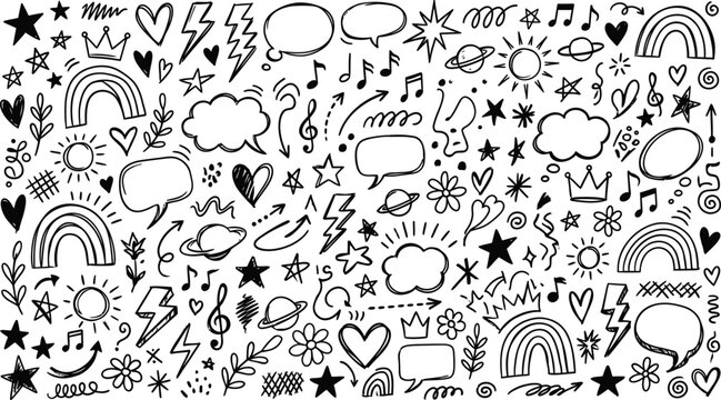 Black and white doodle set hearts stars rainbows and celestial elements