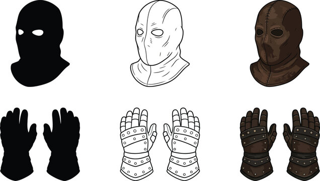 Medieval executioner leather mask and studded gauntlet gloves set in silhouette line art and realistic hand drawn textured styles