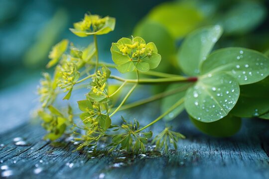 Delicate Bupleurum plant with round leaves and airy umbels in natural light