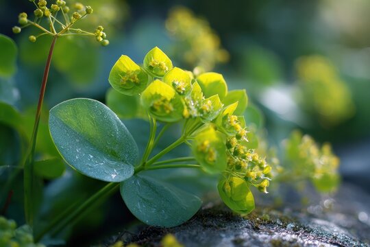 Fresh Bupleurum rotundifolium herb in spring garden with vibrant green foliage