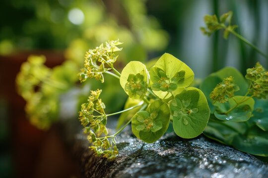 Close-up photograph of Bupleurum rotundifolium with round leaves and pale-green umbels