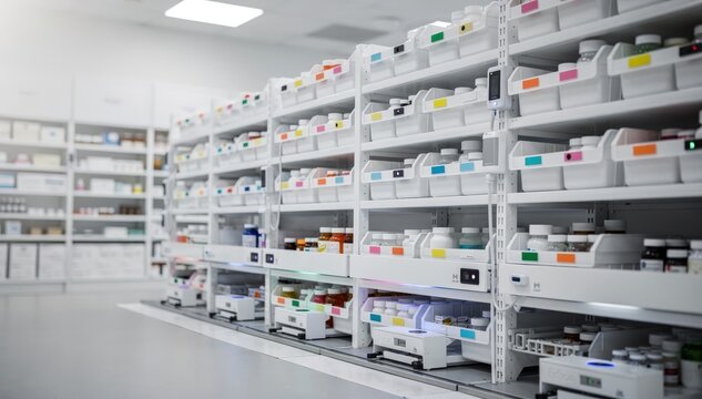 Medium shot of a pharmacy setting displaying IoTintegrated plastic storage containers and shelves ensuring precise medication inventory monitoring and quick replenishment.