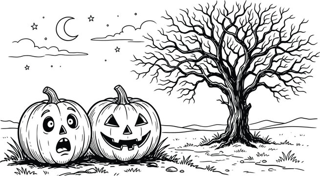 Halloween day pumpkins and tree under the moonlight