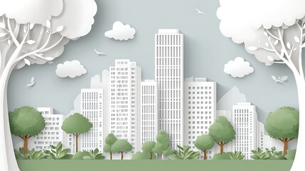 Fototapeta premium Minimalist line of a modern city skyline with trees and a green park buildings