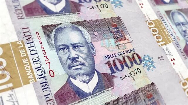 Haitian 1000 Gourde banknote packs falling loop. Haitian  money note fall. 3D seamless looped isolated abstract concept of economy, finance, crisis, success and banking. 