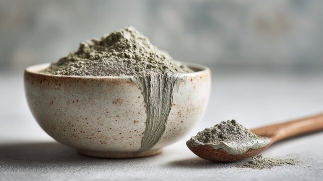 DIY clay beauty treatment: gray clay powder in a bowl with wooden spoon in a calm spa setting