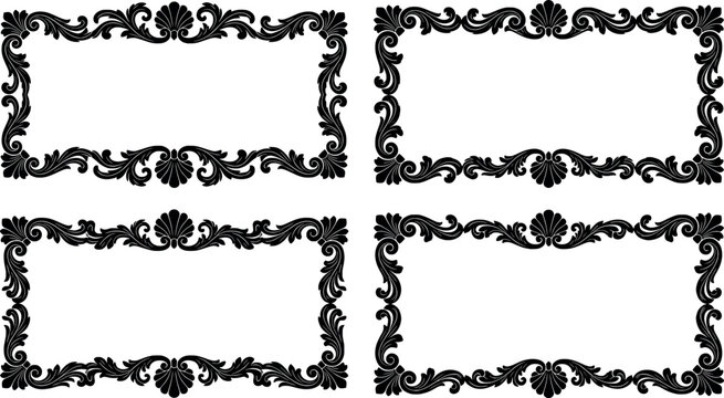 Set of four ornate rectangular frames with baroque floral scrollwork and shell motifs transparent background