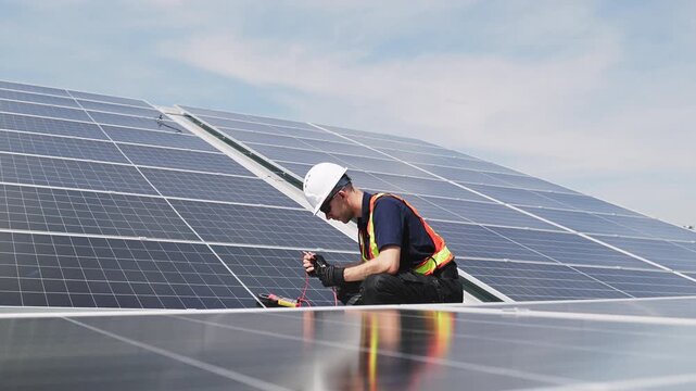 Technician installing solar panels on factory roof for green energy. A skilled technician in safety gear is working on a solar panel installation on rooftop. clean energy renewable power technology.