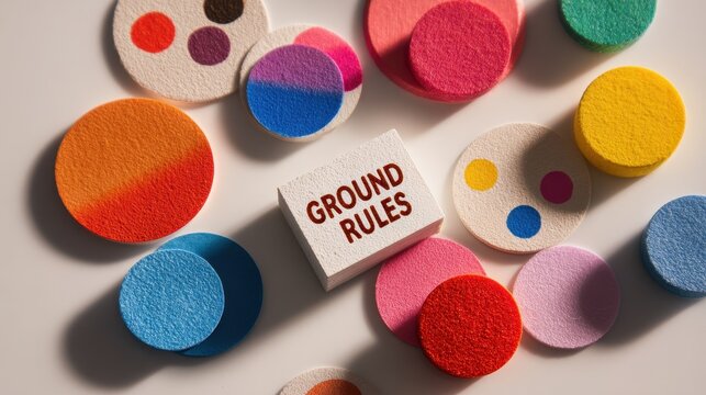 Bright multicolored sticker collage with bold 'GROUND RULES' text on light background with ample copy space