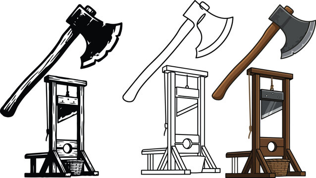 Vintage Execution and Capital Punishment Tools Set with Guillotines and Executioner Axes in Cartoon Line Art and Black Silhouette Styles