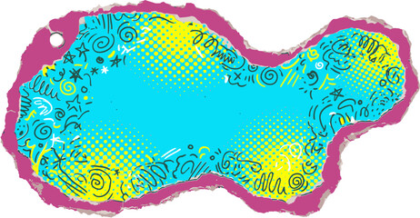 Naklejka premium Retro 90s pop art splash vector, vibrant neon graffiti blob with halftone dots and hand-drawn doodles, colorful urban street style design element