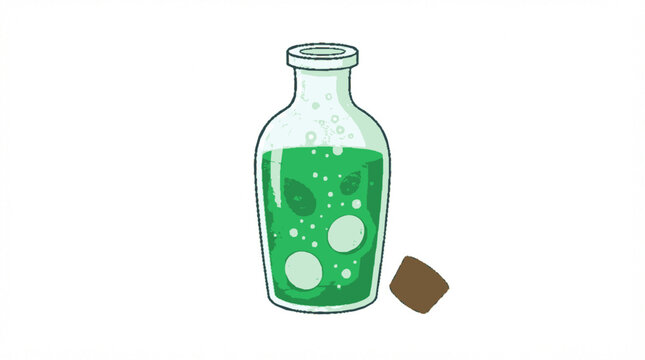 Green Potion Bottle Icon with Bubbles and Droplets, Hand Drawn Style on White Background for Fantasy and Magic Themes