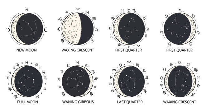 Four phases of the moon in a single night sky view.