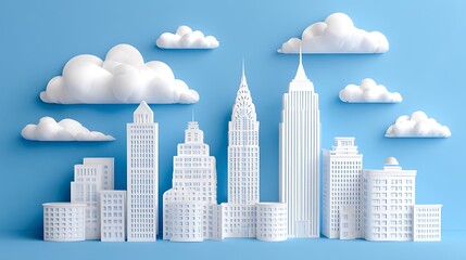 Fototapeta premium Modern city skyline with glass skyscrapers and white clouds against bright blue sky