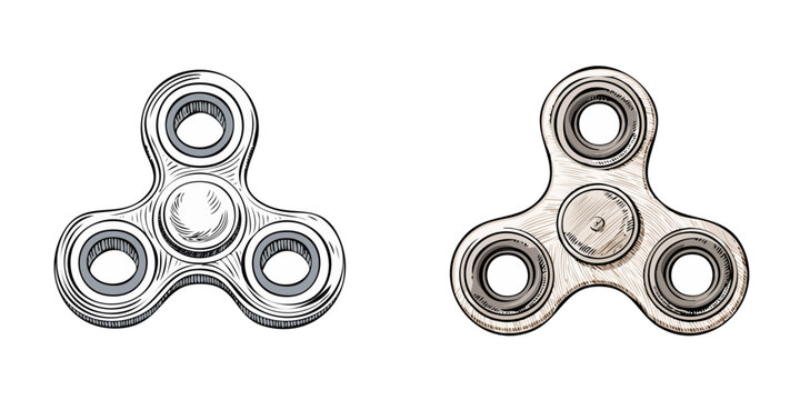 Set of Hand-Drawn Fidget Spinners in Sketch and Realistic Styles on White Background