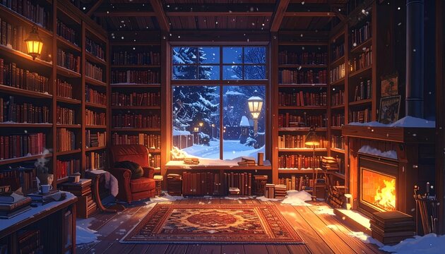 Cozy Old Bookshop Interior with a Fireplace on a Snowy Winter Night
