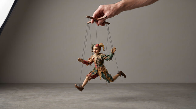 Marionette puppet jumping controlled by a hand