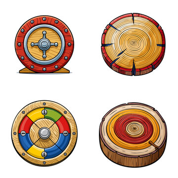 Collection of Four Round Wooden Targets and Game Elements