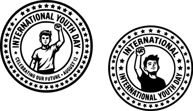International Youth Day circular badge logo with raised fist youth icon and star border, claiming our future together stamp design