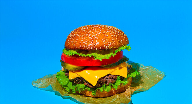 Juicy hamburger with fresh toppings against a bright blue background in a clean setting