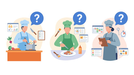 Chefs Pondering Culinary Decisions with Question Marks, Checklists, and Calendars © masiku